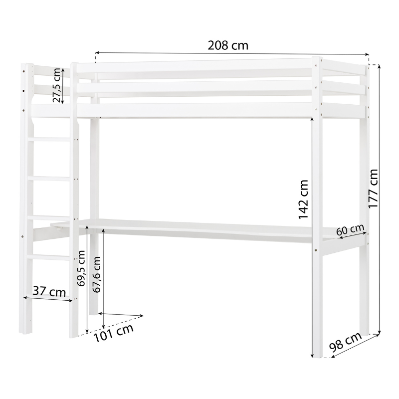 White bed frame with dimensions labeled on a white background