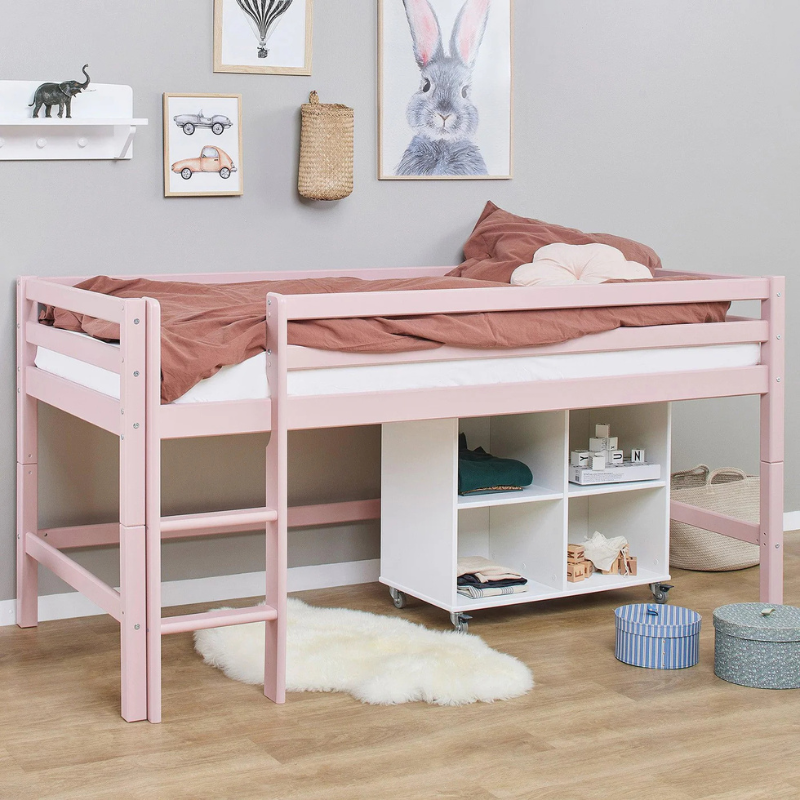 Pink loft bed with white shelves in a room with gray walls and wooden floor.