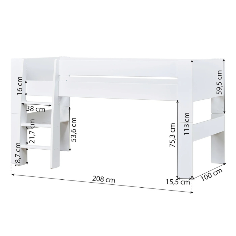 White bed frame with dimensions labeled on a white background