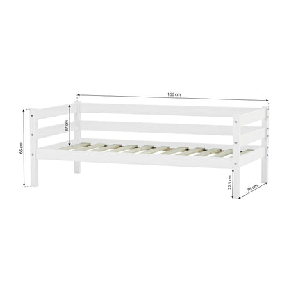 white wooden frame junior bed on white background with dimensions