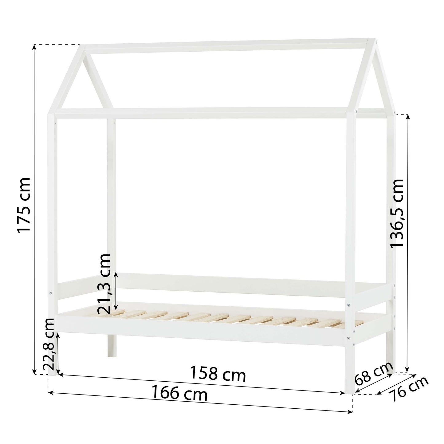 house bed in white on a white background with measurements