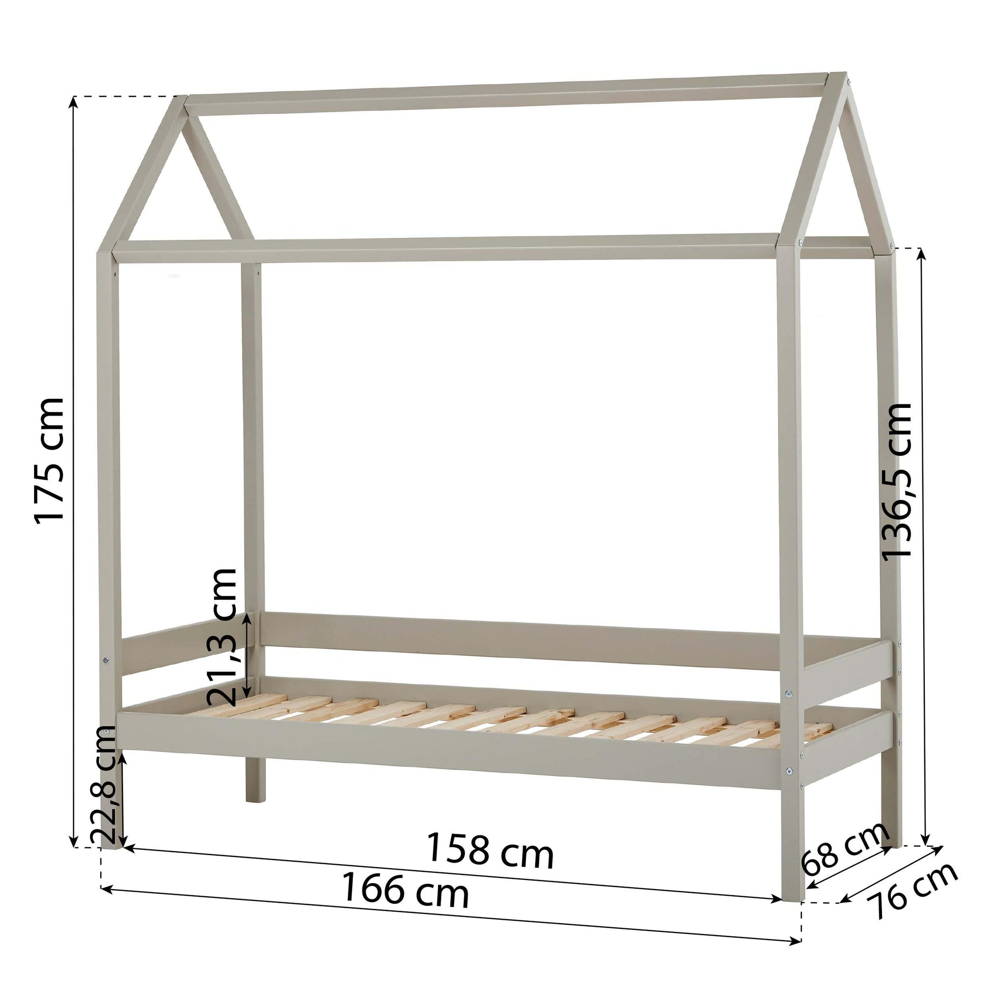 house bed in dove grey on a white background with measurements
