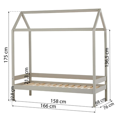 house bed in dove grey on a white background with measurements