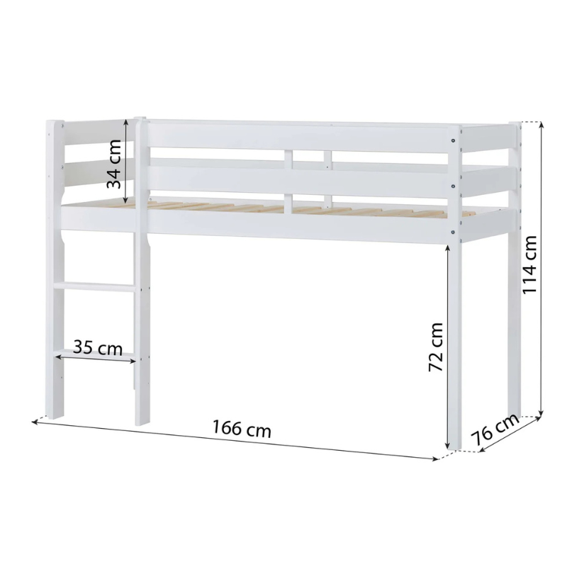 White wooden bunk bed with dimensions labeled on a white background