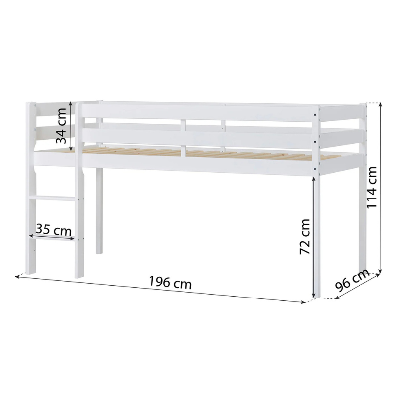 White wooden bed with dimensions labeled on a white background