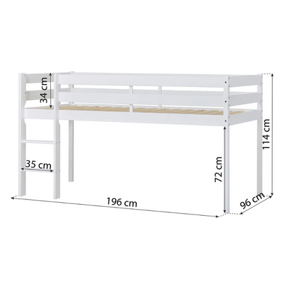 White wooden bed with dimensions labeled on a white background