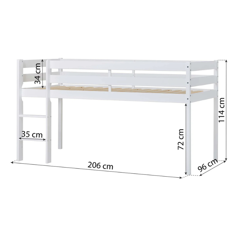 White wooden bed with dimensions marked on a white background