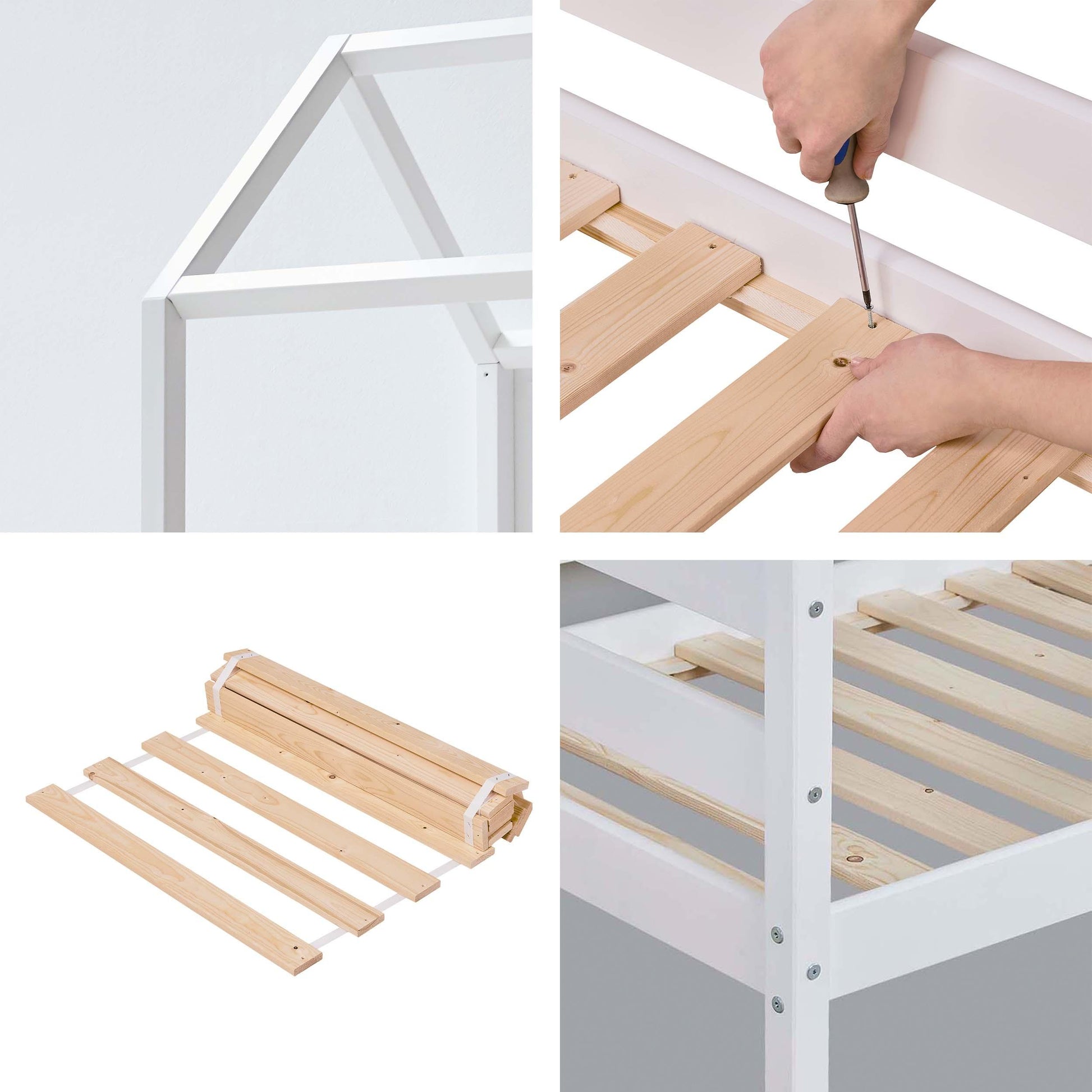 Four images in one. One showing the corner of the house bed, one showing a person's hands screwing in slats, one showing slats on a white background, and one showing slats on the bed frame on a grey background