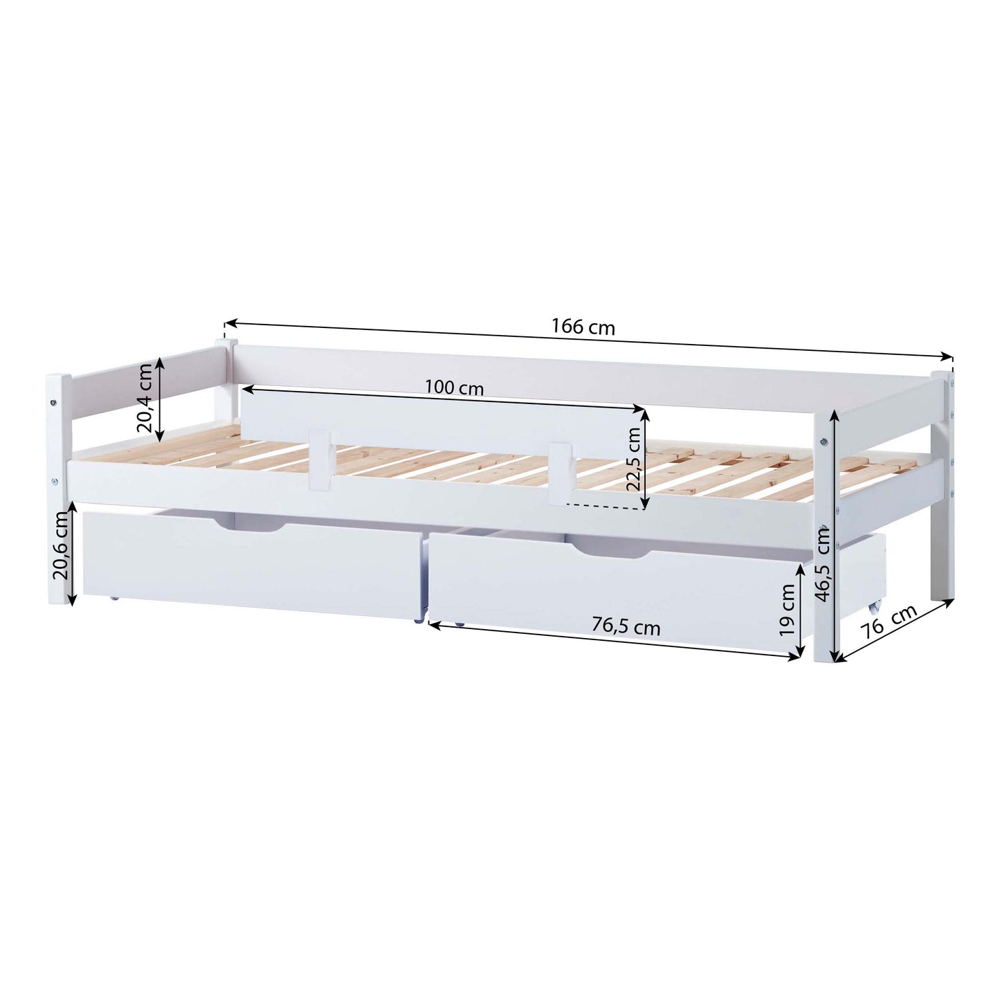 Hoppekids Junior Bed 70x160cm with Drawers & Bed Rail, Dusted Blue