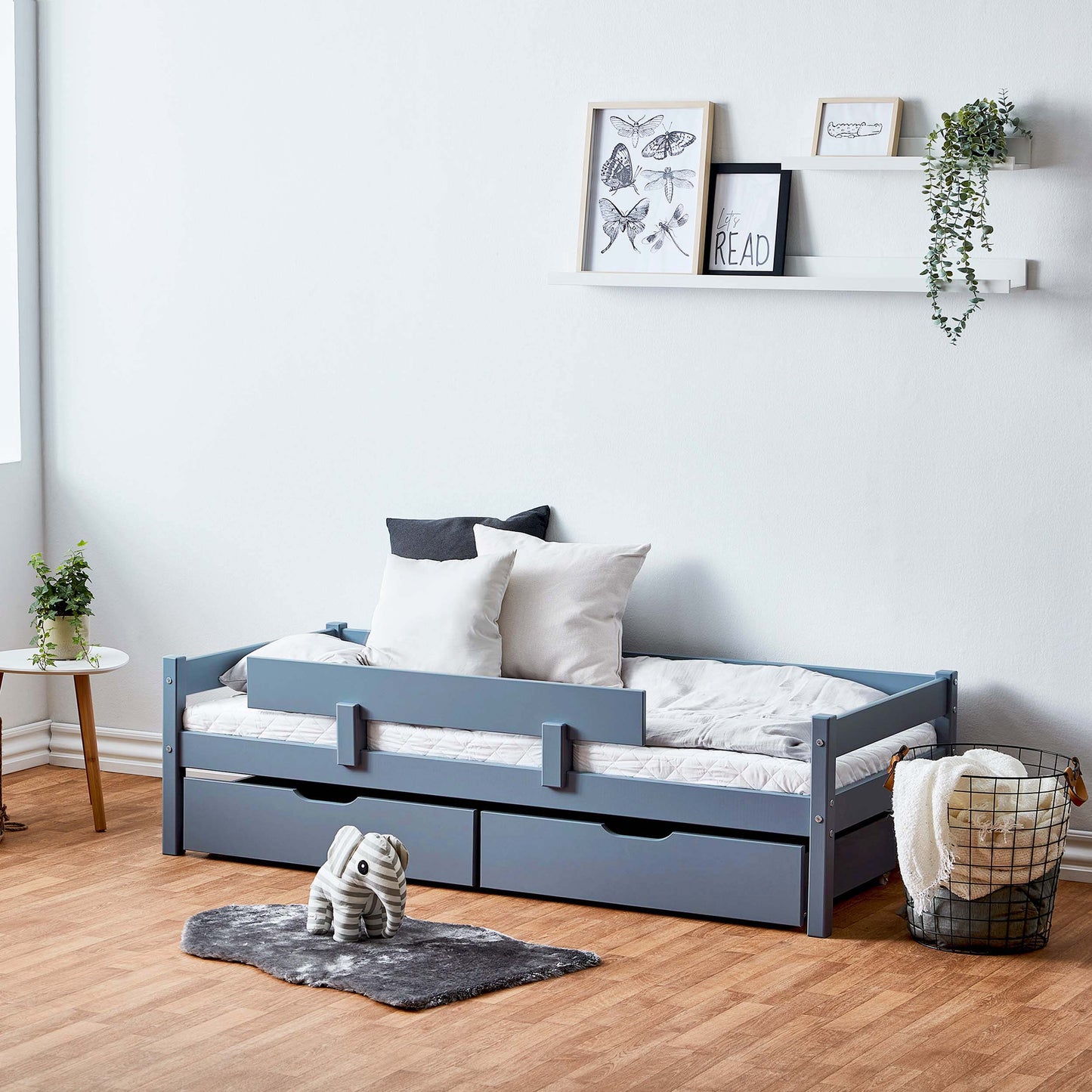 Hoppekids Junior Bed 70x160cm with Drawers & Bed Rail, Dusted Blue