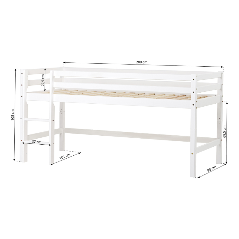 White wooden bunk bed with measurements on a white background