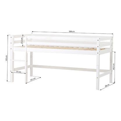 White wooden bunk bed with measurements on a white background