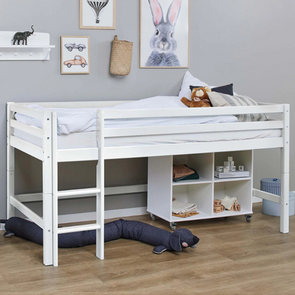 White loft bed with shelves in a child's room