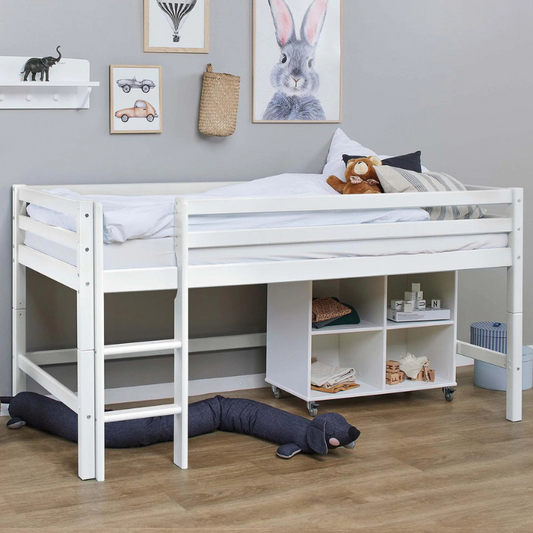 White loft bed with shelves in a child's room