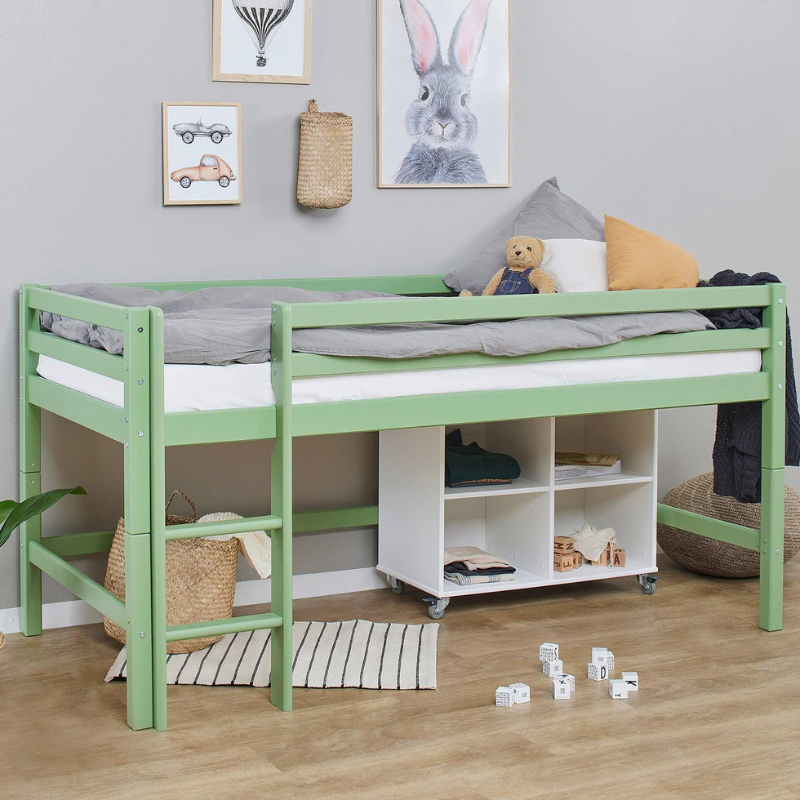 Green bunk bed with white shelves in a room with gray walls and decorative items.