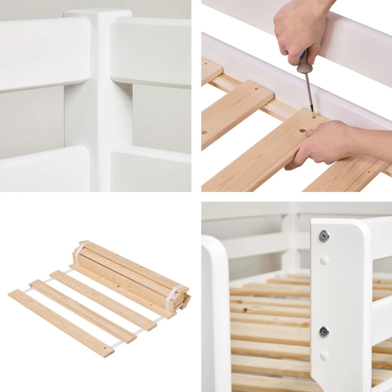 Step-by-step process of assembling a wooden bed frame with screws.