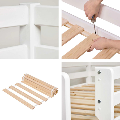 Step-by-step process of assembling a wooden bed frame with screws.