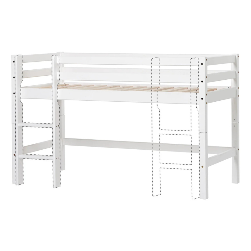 White loft bed with wooden slats on a white background with a dotted line visual showing that the ladder can be placed at either end of the bed