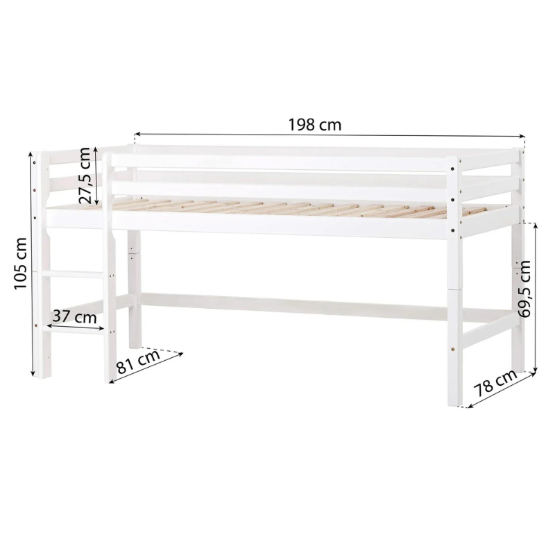 White wooden bed with dimensions labeled on a white background