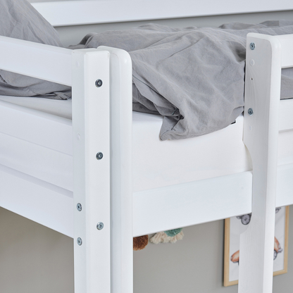 White bunk bed with gray bedding in a room setting.