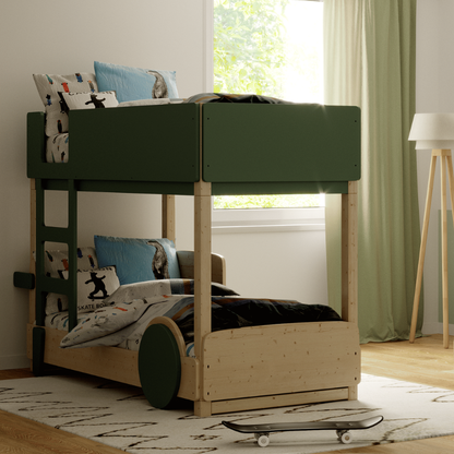 Bunk bed with wooden frame and green top in a room with a window and lamp.
