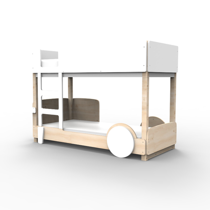 Bunk bed with white top and wooden bottom on a white background