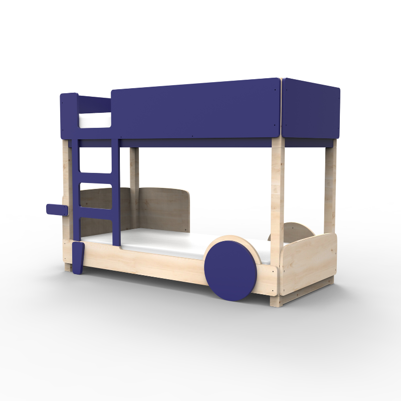 Bunk bed with blue top bunk and wooden bottom bunk on a white background