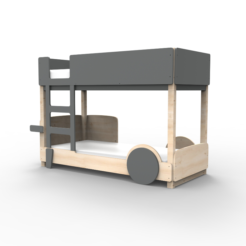 Bunk bed with gray top bunk and wooden bottom bunk on a white background