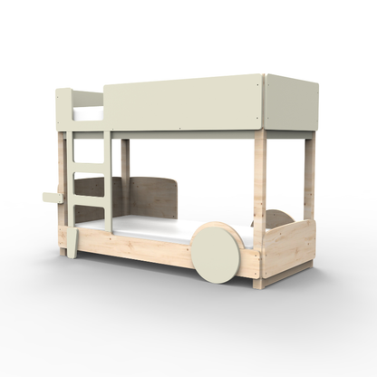 Wooden bunk bed with beige top and natural bottom on a white background