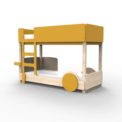 Bunk bed with yellow top bunk and beige bottom bunk on a white background