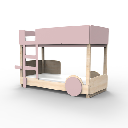 Bunk bed with pink top bunk and natural wood bottom bunk on a white background