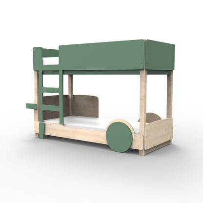 Children's bunk bed with green and beige colors on a white background
