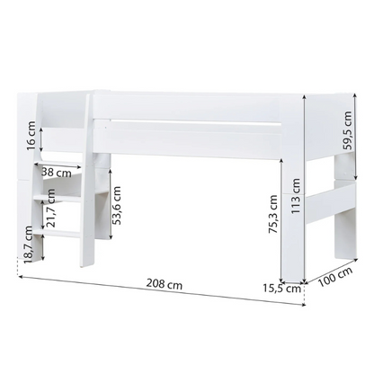 White bed frame with dimensions labeled on a white background
