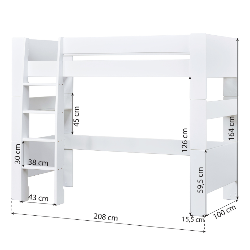 White loft bed with dimensions indicated on a white background
