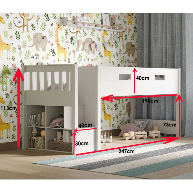 Children's room with white mid sleeper bed and measurements indicated