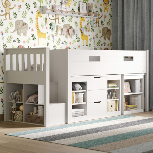 Children's room with a white mid sleeper bed with storage against a wallpapered wall with animal prints.