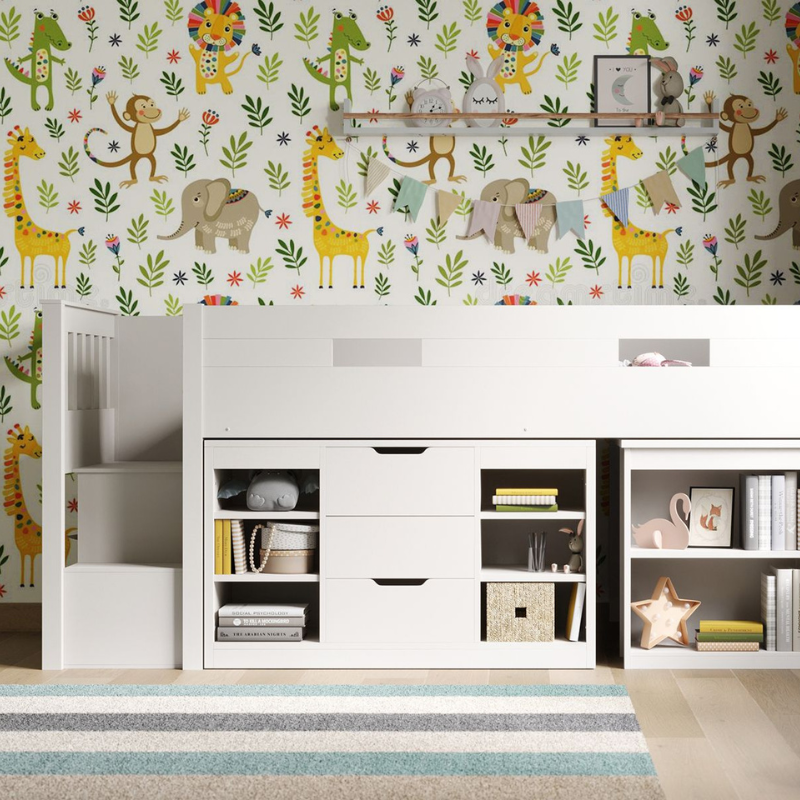 white mid sleeper bed with storage in children's room with animal-themed wallpaper, white furniture, and decorative items.
