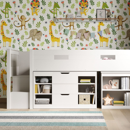 white mid sleeper bed with storage in children's room with animal-themed wallpaper, white furniture, and decorative items.