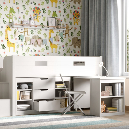 white mid sleeper bed with storage and desk pulled out in children's room with animal-themed wallpaper, white furniture, and decorative items.
