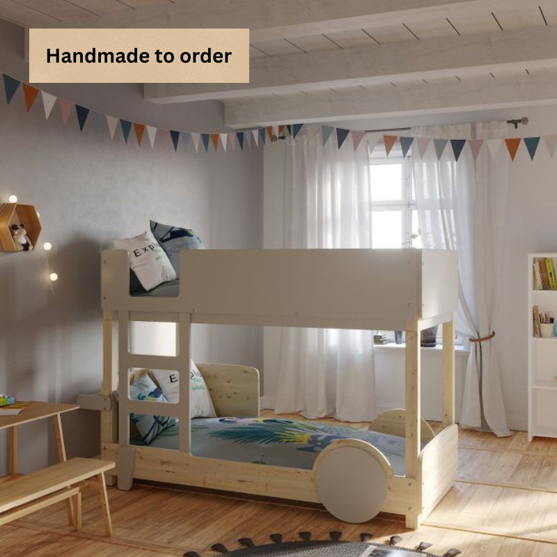 Wooden bunk bed in a room with a window and decorative flags.