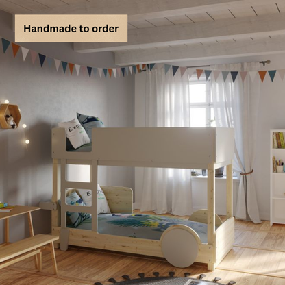 Wooden bunk bed in a room with a window and decorative flags.