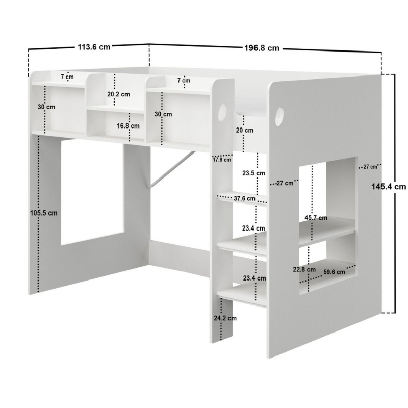 White loft bed with dimensions labeled on a white background