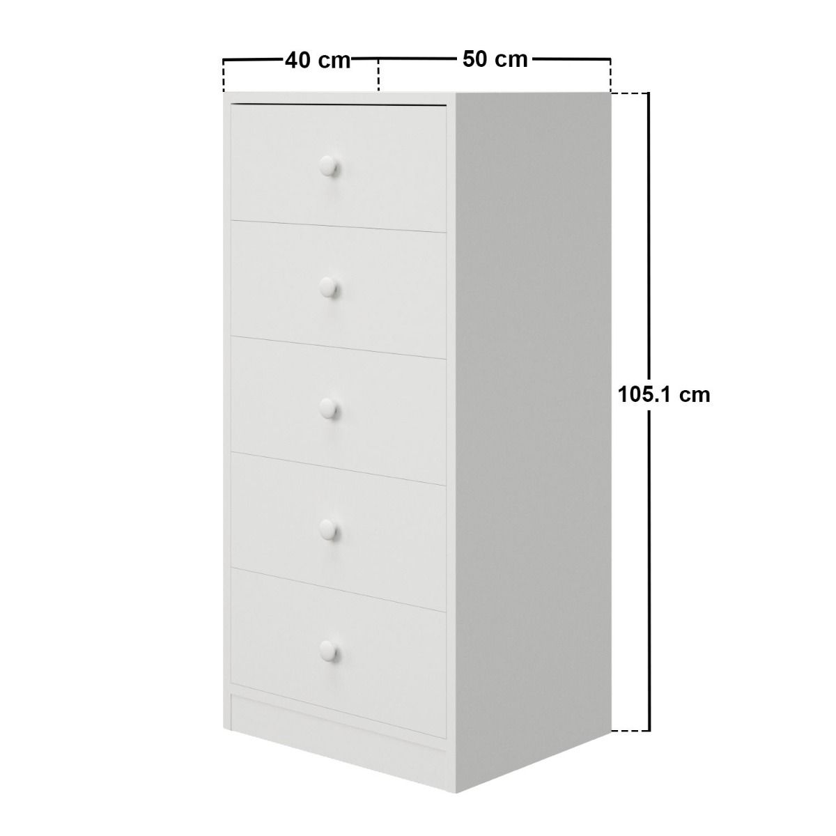 White dresser with dimensions labeled on a white background
