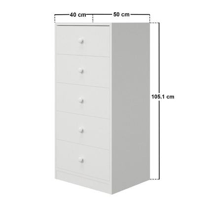 White dresser with dimensions labeled on a white background
