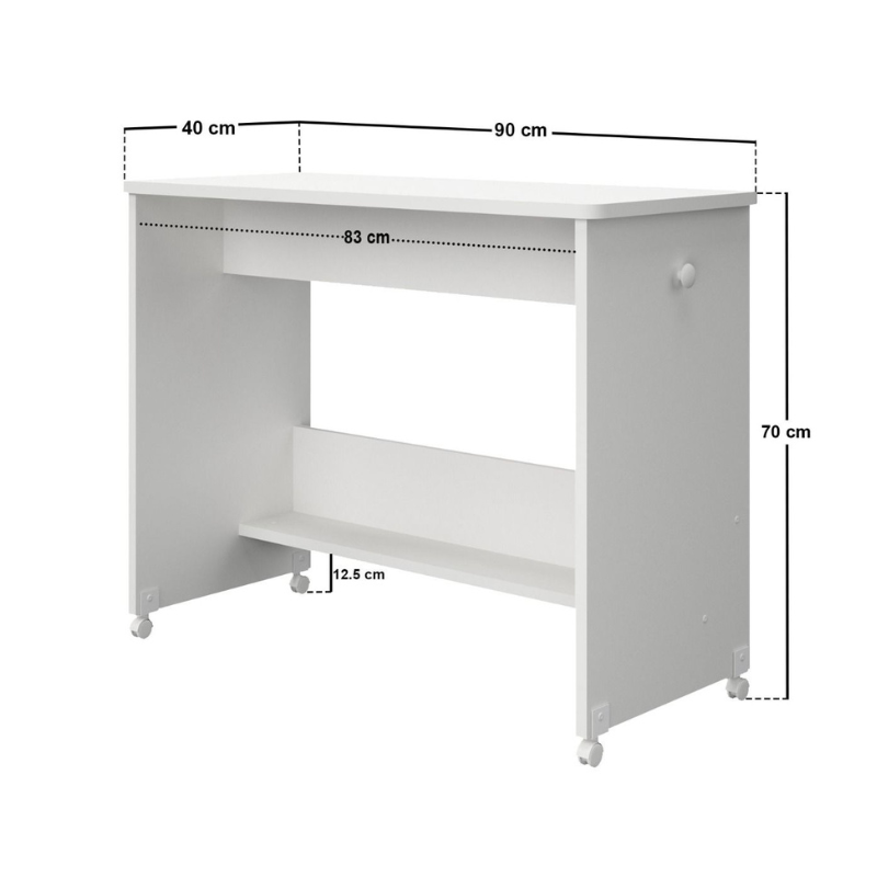 White desk with dimensions labeled on a white background