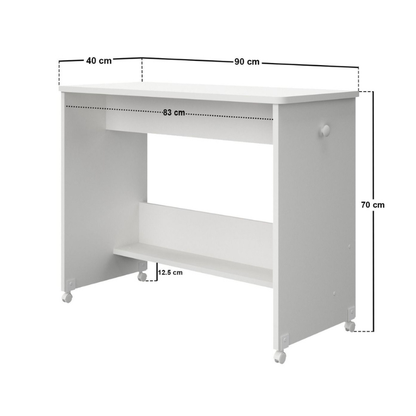 White desk with dimensions labeled on a white background