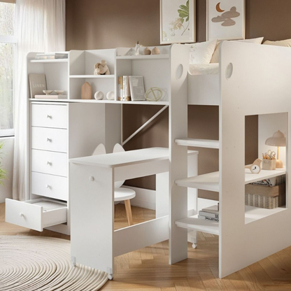 White children's mid sleeper bed with desk and shelves against a beige wall.