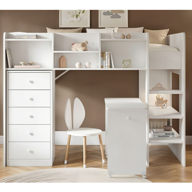 White children's mid sleeper bed with desk and shelves against a beige wall.