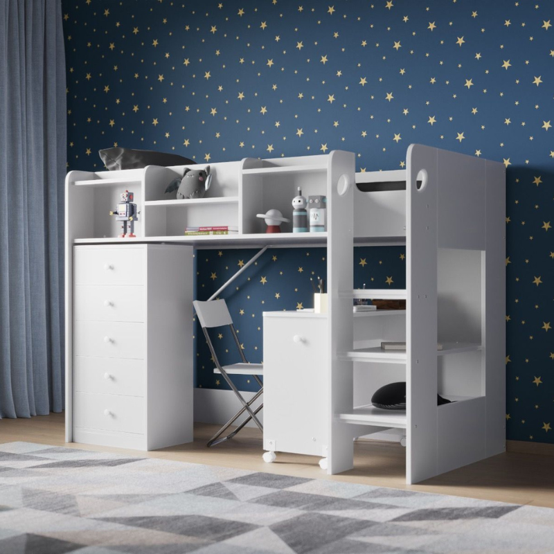 White children's mid sleeper bed with desk and shelves against a star-patterned blue wall.