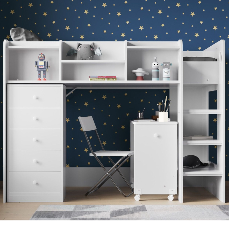 White children's mid sleeper bed with desk and shelves against a star-patterned blue wall.